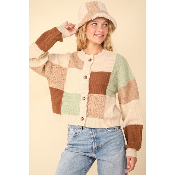 VERY J Color Block Button Down Textured Knit Cropped Sweater Cardigan | Oatmeal - Picture 8 of 10